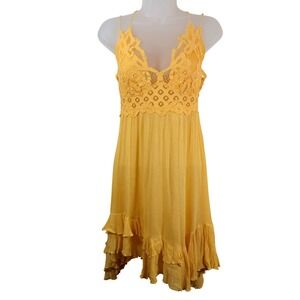 Free People One Adella Slip Dress Size Lg Yellow Lace Gauzy Fairycore Festival